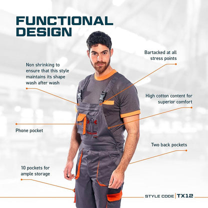 MEANWOOD Men's Texo Contrast Bib and Brace Work Overalls - Workwear Dungarees with Elasticated Back and Storage Pockets