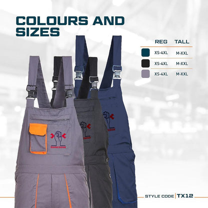 MEANWOOD Men's Texo Contrast Bib and Brace Work Overalls - Workwear Dungarees with Elasticated Back and Storage Pockets